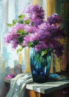 a painting of purple flowers in a blue vase on a table next to a window