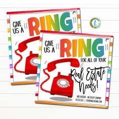 two red telephones with the words ring us a and give us a call for all of your kids