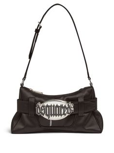 black logo plaque adjustable top handle top zip fastening main compartment internal slip pocket silver-tone hardware Designer Black Baguette Bag With Branded Hardware, Designer Rectangular Bag With Logo Plaque, Designer Black Square Baguette Bag, Designer Square Baguette Bag In Black, Leather Top Handle Bag With Silver-tone Logo Plaque, Modern Shoulder Bag With Silver-tone Logo Plaque, Rectangular Shoulder Bag With Logo Plaque, Black Luxury Square Baguette Bag, Luxury Black Square Baguette Bag