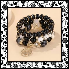 These Bracelets Stack Beautifully Together And Feature Black, Grey And White Beads On Elastic With Gold-Tone Accents And A Tree Of Life Charm. Bohemian Black Crystal Bracelet With Round Beads, Black Bohemian Crystal Bracelet With Round Beads, Bohemian Black Crystal Bracelet With 8mm Beads, Black Bohemian Beaded Bracelets With Gemstone Beads, Bohemian Black Gemstone Beaded Bracelets, Bohemian Black Beaded Bracelets With Faceted Beads, Black Bohemian Beaded Bracelets With Faceted Beads, Bohemian Black Beaded Bracelet With Faceted Beads, Bohemian Black Stretch Bracelet With Gemstone Beads