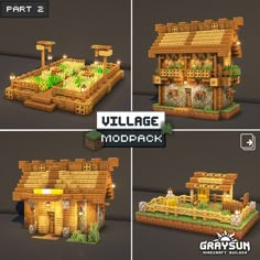 four different views of a house made out of wood and stone, with the text village mod