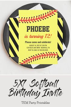 a baseball themed birthday party with yellow and black stripes on the side, and a photo of