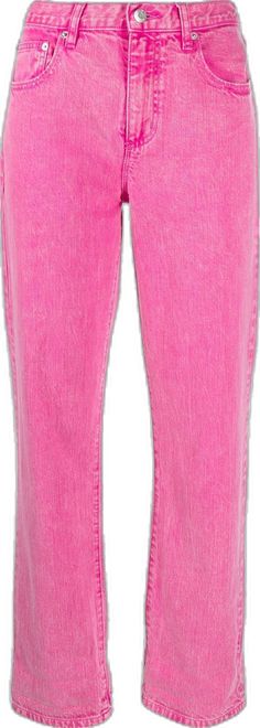 Pink Mid-rise Cotton Jeans, Trendy Pink Jeans With Five Pockets, Pink Straight Leg Jeans With Pockets, Trendy Pink Straight Leg Jeans, Casual Pink Jeans With Five Pockets, Pink Five-pocket Jeans For Spring, Trendy Pink Bottoms With Five Pockets, Trendy Pink Pants With Five Pockets, Pink Cropped Leg Trendy Bottoms