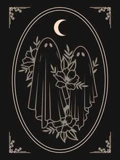 two black birds standing next to each other in front of a moon and flower frame