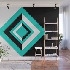 Teal, Black, and White Geometric Shapes - Peel and Stick Removable Wallpaper Full Size Wall Mural  - PIPAFINEART Geometric Wall Paint, Wall Paint Patterns, Room Wall Painting, Bedroom Wall Designs, Bedroom Murals, Bedroom Wall Paint, Wall Paint Designs, Removable Wall Murals, Geometric Wall