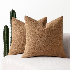 two brown pillows sitting on top of a white couch next to a cacti