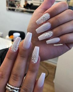 White Acrylic Nails, White Nail Art, Her Nails, Bride Nails, Nail Designs Glitter, Acrylic Nail Art, Birthday Nails