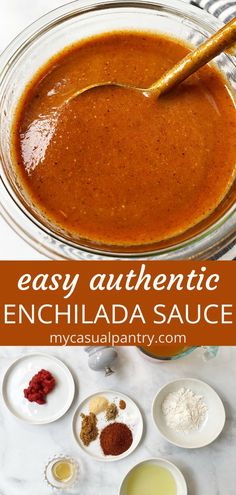 easy homemade enchilada sauce in a glass bowl with ingredients on the side