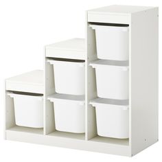 three white plastic storage containers stacked on top of each other next to two smaller bins