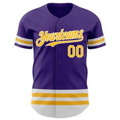 a purple and yellow baseball jersey with the word, your team's name on it