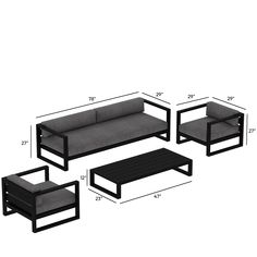 a set of three couches and two tables with measurements for each piece in the same room