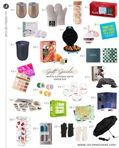 the contents of an assortment of items displayed on a white background with text that reads, gift guide