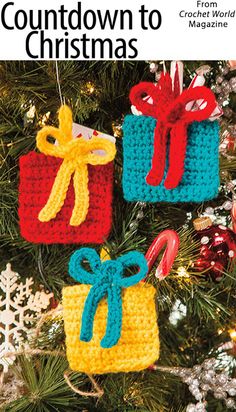 crocheted christmas ornaments hanging from a tree with the words, free pattern and instructions