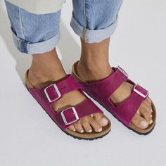 Arizona Oiled Leather Pink Leather Footbed Sandals With Textured Footbed, Pink Leather Footbed Sandals With Removable Insole, Pink Leather Footbed Sandals With Cork-bed Midsoles, Pink Leather Footbed Sandals With Buckle Closure, Classic Pink Open Toe Sandals, Birkenstock Styles, Simple Sandals, Boys Sandals, Suede Fashion