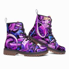 These extremely comfortable classic boots with a high quality print are made to last and to impress. Designed for fashion people, stylish and personalized. Perfect for everyday wearing and to show a unique sense of style.. - The Upper Made of PU leather (synthetic leather), the sole made of rubber.- Soft PU make it comfortable and soft. Size Chart Purple Lace-up Boots For Streetwear, Funky High-top Leather Boots, Purple Round Toe Boots For Streetwear, Trendy Purple Ankle-high Boots, Trendy Purple Boots With Round Toe, Trendy Purple Round Toe Boots, Trendy Purple Lace-up Boots, Casual Purple Boots For Streetwear, Casual Purple Leather Boots