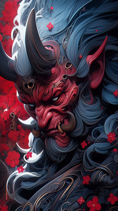 a painting of a demon with red flowers