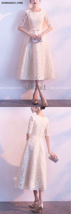 10% off now|Free shipping world-wide. Modest Champagne Lace Tea Length Party Dress Round Neck With Sleeves at GemGrace. Click to learn our pro custom-made service for wedding dress, formal dress. View #BridalPartyDresses for more ideas. Cream Knee-length Lace Dress, Cream Midi Lace Dress For Party, Party Dress With Sleeves, Party Dresses With Sleeves, Lace Party Dress, Cheap Homecoming Dresses, Homecoming Dresses Long, Lace Party Dresses, Dress With Sleeves