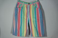 "Here's a great pair of colorful pastel colors cotton denim jean, quality tailored shorts by the high end Stuffed Shirt 80's / 90's vintage collector's made in U.S.A . label. You will love knocking about in these unique figure flattering vertical striped, medium rise summer long shorts! They are great for all outdoors activities and have a very original look and eye-catching appeal. They are in really great condition, too! Check out the photos and measurements and get this really great original Fun Cotton Shorts For Spring, Fun Spring Bottoms With Pockets, Retro Cotton Shorts For Spring, Fun Multicolor Cotton Bottoms, Colorful Cotton Bottoms For Summer, Spring Casual Rainbow Bottoms, Retro Cotton Bottoms For Spring, Casual Rainbow Cotton Bottoms, Vintage Cotton Bottoms For Spring