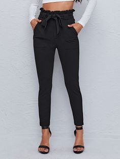 Paperbag Waist Dual Pocket Belted Skinny Pants | EMERY ROSE Paperbag Pants, Basic Leggings, Black Ripped Jeans, Womens Business Casual, Belted Pants, Style Noir, Pocket Belt, Trendy Fashion Women, Printed Pants