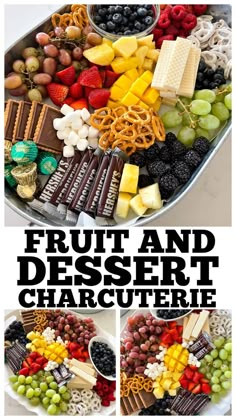 fruit and dessert charcuterie platter with text overlay