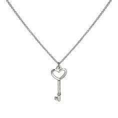 This small silver color (not plated) heart key pendant is made from stainless steel. This means it will last forever (and NEVER tarnish) just like your love. The gift of a heart key necklace can mean so many things. To a significant other it signifies that they are the person that holds the key to your heart. When given to a daughter it means my heart is with you no matter what door you open and what path you take. When you give to your mom it shows her how special she is to you and that she will always hold a piece of your heart nearby. Measuring 1.25 inches high by .6 inches wide, the pendant is the perfect size for layering or can easily be worn solo. It ships on a 2mm wide stainless steel necklace chain with lobster clasp closure. Silver Open Heart Stainless Steel Necklace, Elegant Silver Heart Necklace In Stainless Steel, Elegant Silver Stainless Steel Heart Necklace, Elegant Heart-shaped Key Jewelry, Silver Pendant Necklace With Two Keys, Silver Key Pendant Jewelry, Valentine's Day Key Jewelry Gift, Elegant Sterling Silver Key Necklace, Silver Necklace With Two Keys For Gift