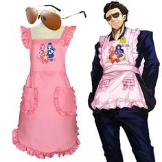 an anime character is wearing a pink dress and sun glasses, while he stands next to a