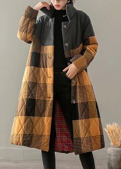 Casual Plus Size Winter Overcoat Yellow Plaid Stand Collar Button Down – SooLinen Sophia Dress, Winter Overcoat, Quilted Clothes, Plus Size Winter, Cape Coat, Yellow Plaid, Glamour Fashion, Casual Coat, Cycling Outfit