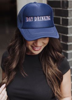 Navy trucker hat Light pink "Day Drinking" embroidered on the front Adjustable snapback closure Breathable mesh on the back Navy Day, Day With Friends, Women Trucker, Knitted Hats Kids, Knit Hat For Men, Hat Light, Hat Day, Pink Day, Day Drinking