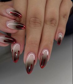 October Nails Halloween Ideas, Horror Nail Art Short, Chrome Blood Nails, The Craft Nails, Blood Red Halloween Nails, October Ombre Nails, Punk Nail Ideas, Vampire Themed Nails, Scary Nails Designs