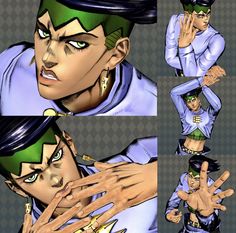 an animated image of a man with green hair and piercings on his head, in various poses