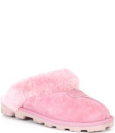 From UGG &#x2C; the Coquette Suede Cold Weather Slippers feature:17 mm Twinface sheepskin upperslip-on constructionartificially dyed and treated real sheepskin from sheep or lamb (Australia&#x2C; European Union or United States)high-quality plush fleece lining for comfort and warmthheat-embossed logo patchbutt-seam detail17mm to sheepskin cuffTreadlite by UGG  outsole for comfortImported. Ugg Croquette Slippers, Pink Ugg Slippers, Ugg Coquette Slippers, Pink Vibe, Cute Uggs, Ugg Coquette, Pink Uggs, Comfy Slippers, Suede Slippers