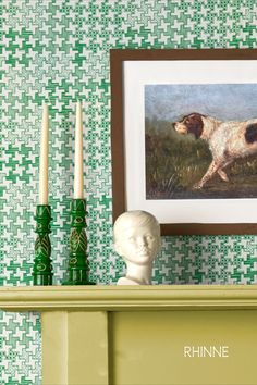 Houndstooth clover green vintage design wallpaper & collected vintage mantel decor by RHINNE Houndstooth Wallpaper, European Farmhouse, Green Interior, Unique Interior Design, Interior Design Concepts, Como Italy, Mantel Decor, Clover Green, Green Interiors