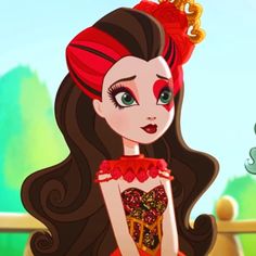 a cartoon girl in a red dress with long brown hair and big blue eyes wearing a tiara