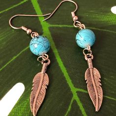 Handmade Earrings Native American Leaf Pendant Turquoise Beads Simple But Pretty Silver Metal Hooks 3” Length New / Unused