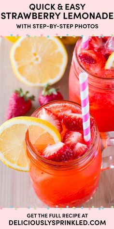 two mason jars filled with lemonade and strawberries next to sliced lemons and strawberries