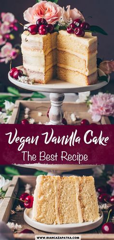 the best vegan vanilla cake recipe on a white plate with flowers and cherries