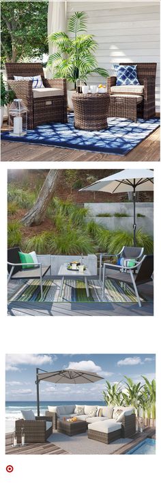 two different views of an outdoor living area with furniture and plants on the beach side