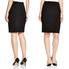 Hugo Boss Vilea Tropical Stretch Wool Pencil Skirt An Impeccably Tailored Pencil Skirt Is Fashioned From Tropical-Weight Wool Infused With A Hint Of Stretch. Color Black Hidden Back-Zip Closure Back Vent Stretch-Cupro Lining 96% Virgin Wool, 4% Elastane Dry Clean Imported Individualist And Petite Focus Elegant Tailored Mini Skirt, Black Lined Skirt Bottoms For Office, Formal High-waist Fitted Pencil Skirt, Fitted Knee-length Workwear Bottoms, Black Pencil Skirt For Formal Occasions, Fitted Skirt For Office Wear, Black Formal Pencil Skirt, Fitted Elastane Skirt For Office Wear, Formal Office Stretch Skirt