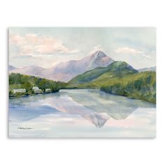 a watercolor painting of a lake with mountains in the background