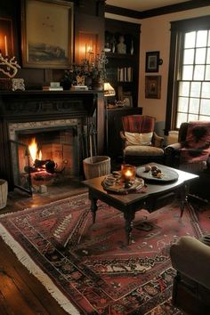 a living room filled with furniture and a fire place in the middle of a room