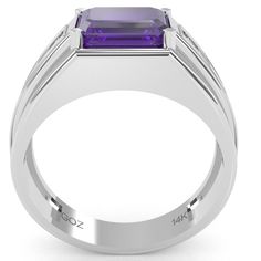 Classic and bold men's amethyst and diamond ring crafted in solid 14k white gold. With a twelve diamond channel set and a 6x8mm emerald cut center stone set horizontally, this one is guaranteed to impress. Amethyst is a birthstone of February and is thought to strengthen relationships and give its wearer courage. Diamonds are thought to provide the wearer with better relationships and increase inner strength. Genuine Amethyst:Qty: 1 x 6x8mm Emerald Cut Stone Genuine Diamonds: .36 caratsQty: 12 x Channel Ring, Plain Gold Ring, Zodiac Rings, Tanzanite Diamond Ring, Amethyst And Diamond Ring, Friendship Rings, Tanzanite Diamond, Taurus And Gemini, Ring Crafts