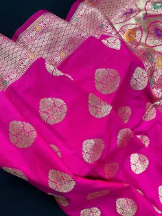 Pink Color Traditional Banarasi Handloom Sari with Paithani Style Floral Borders with Meenakari Borders | Soft Silk Saree | Kaash Collection - Kaash Collection Festival Paithani Silk Sets With Zari Weaving, Festival Paithani Silk Choli With Traditional Patterns, Festive Paithani Silk Choli With Traditional Patterns, Paithani Silk Sets With Motifs For Festivals, Paithani Silk Sets With Motifs For Puja, Pink Meenakari Traditional Wear For Eid, Pink Meenakari Lehenga For Puja, Pink Traditional Wear With Meenakari For Eid, Pink Banarasi Silk Sets With Traditional Patterns