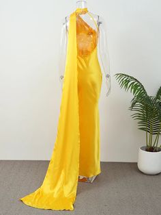 Open-Back Satin Maxi Dress Yellow - Golden Atelier Yellow Sleeveless Maxi Dress For Night Out, Stretch Satin Strapless Dress, Summer Stretch Satin Halter Dress, Sleeveless Satin Backless Dress For Beach, Stretch Satin Sleeveless Halter Dress, Yellow Strapless Sleeveless Party Dress, Summer Satin Backless Evening Dress, Yellow Strapless Sleeveless Dress For Party, Sleeveless Satin Maxi Dress For Beach