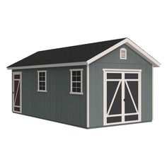 a small gray and white shed with windows