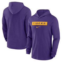 Step out in LSU Tigers spirit with this Sideline T-shirt from Nike. It features a team wordmark across the front on moisture-wicking Dri-FIT fabric. The attached hood offers extra coverage, perfect for cheering the LSU Tigers to a win. Pants Shirt Men, Nike Long Sleeve, Nike Purple, Tiger T Shirt, Lsu Tigers, Pant Shirt, Outdoor Apparel, Men's Nike, Tigers