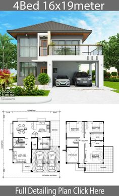 two story house plan with three car garages and an attached porch area for the first floor