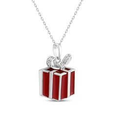 a red and white present box pendant on a silver plated chain with a bow