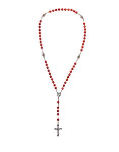 This olive wood rosary with a metal Jerusalem cross is handmade in the Galilee and is a piece that holds much sentimental value. It can be worn for its beautiful, elegant look and for religious purposes. This specific piece embodies the word Rose in Rosary. The rose-red tone symbolizes love, beauty, and virtue. With four rose pendants perfectly placed around the necklace the signature look of this piece is born. Along the visual features signifying the rose flower, a sweet rose scent emanates from the round olive beads. Collecting prayers is like growing a garden or arranging a bouquet and this rosary is a pleasant tool and reminder of that. Our artists hand-carve our products from blocks of fragrant wood, and their fragrance and appearance guarantee a spiritual and visually perceptible ex Red Rosary Necklace, Wooden Beads Rosary With Crucifix As Gift, Gift Rosary With Wooden Beads And Crucifix, Red Rosary, Crucifix Necklace, Praying The Rosary, Rosary Necklace, Rose Rouge, Rose Pendant