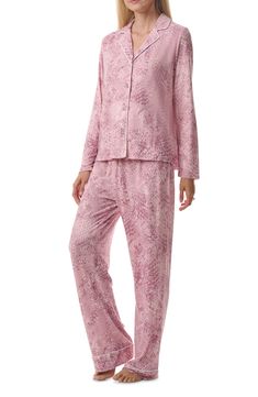 An allover print adds colorful fun to this set of pajamas that includes a long-sleeve button-front top and elastic-waist pants. Includes top and bottoms Top has front-button closure and long sleeves Bottoms have elastic waist 95% polyester, 5% elastane Machine wash, tumble dry Imported Patterned Printed Long Sleeve Sleepwear, Pink Sleepwear With Button Closure For Loungewear, Printed Loungewear Sets For Fall, Long Sleeve Loungewear Sets With Button Closure, Pink Button Closure Sleepwear For Spring, Spring Pink Sleepwear With Button Closure, Pink Sleepwear With Button Closure For Spring, Relaxed Fit Sleepwear With Button Closure For Pajama Party, Spring Sleepwear With Button Closure For Sleepover