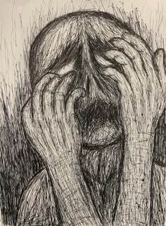 a drawing of a person covering their face with their hands